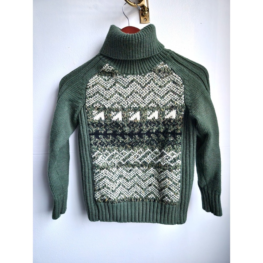 Green Fair Isle Turtleneck Wool Sweater Nordic cottage Vintage XS Knit Cozy